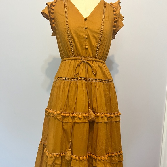 Point Sur for J. Crew Pom-Pom Flutter Sleeve Cotton Midi Dress in Caramel Size 2 - Picture 4 of 5